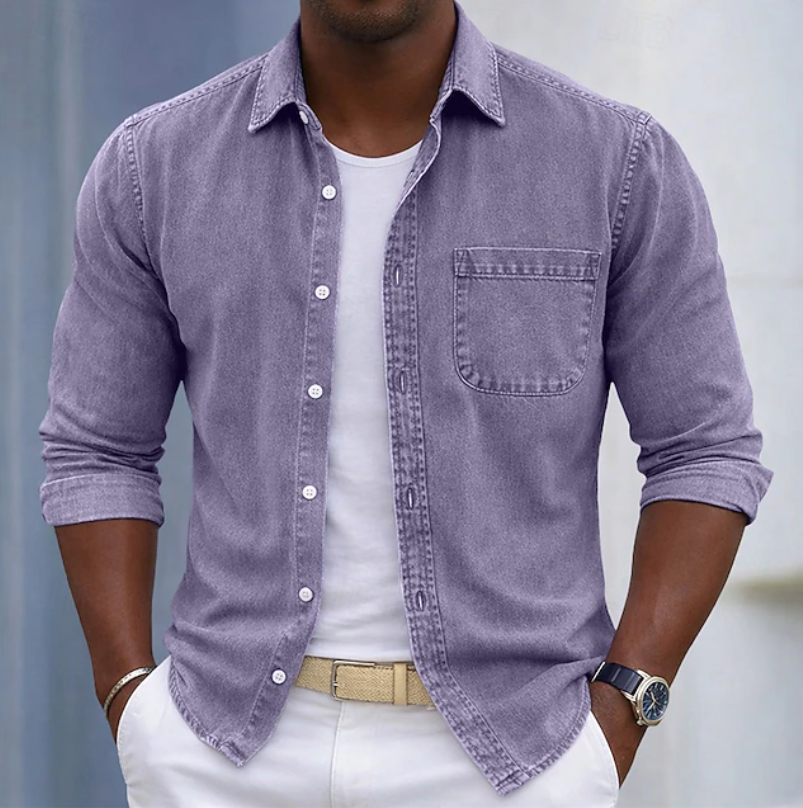 Men's beige cotton long-sleeve shirt with roll-up cuffs