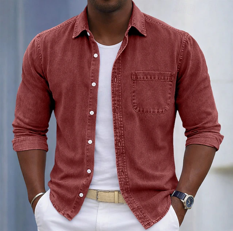 Men's beige cotton long-sleeve shirt with roll-up cuffs