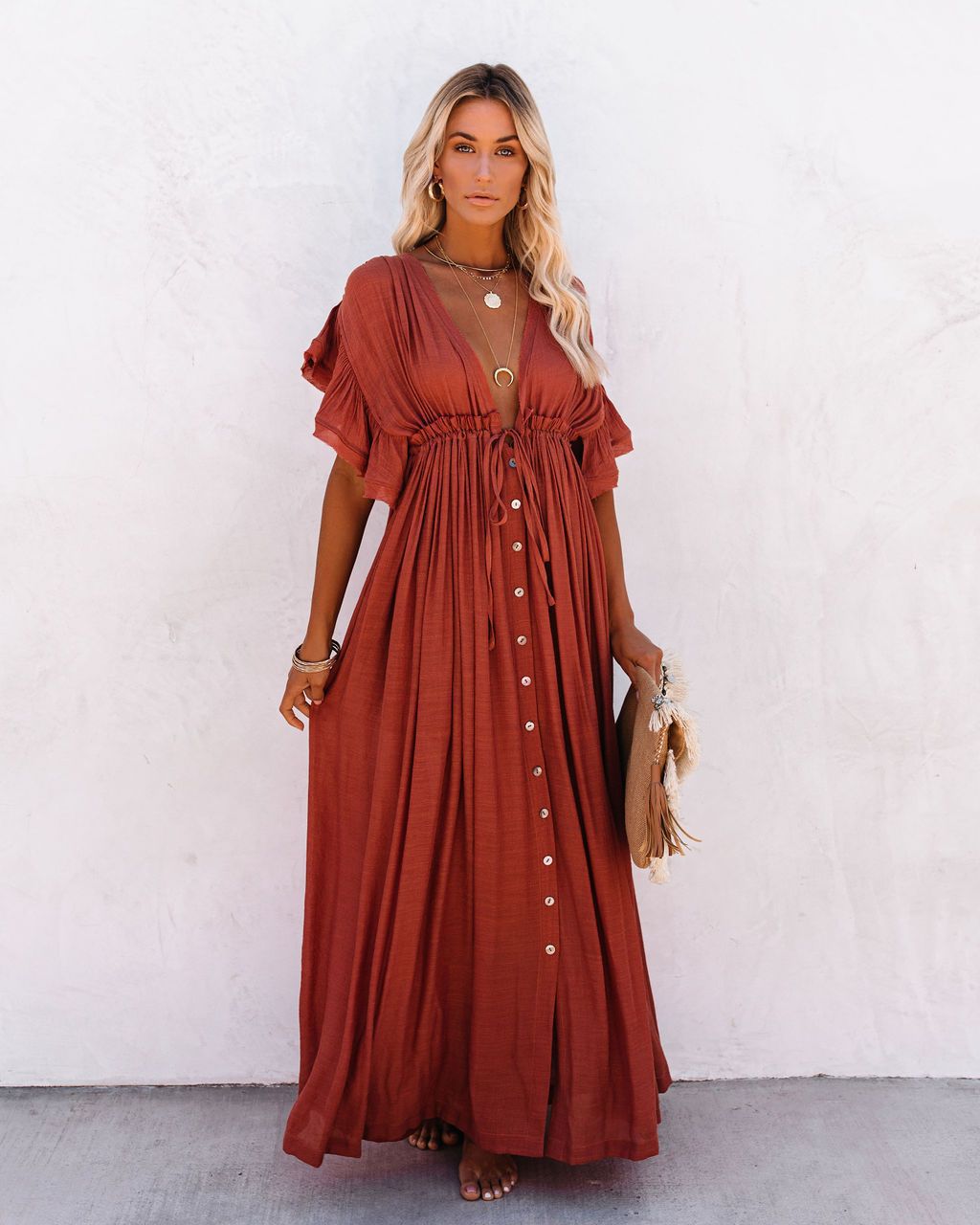 women's boho button-front maxi dress, sleeveless
