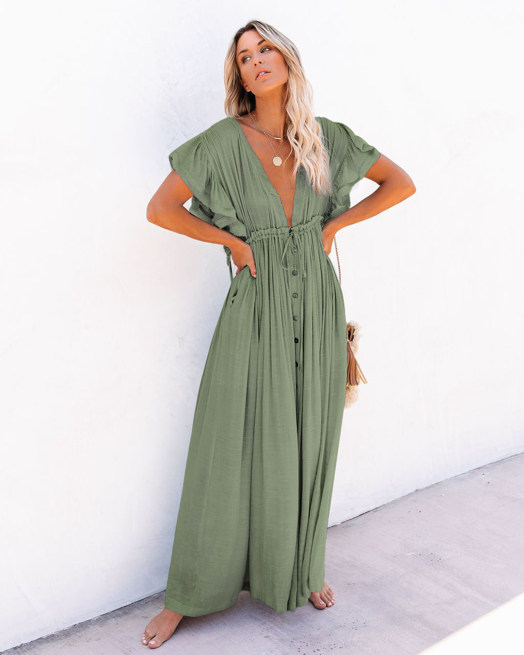 Women's light green boho button-front maxi dress, sleeveless