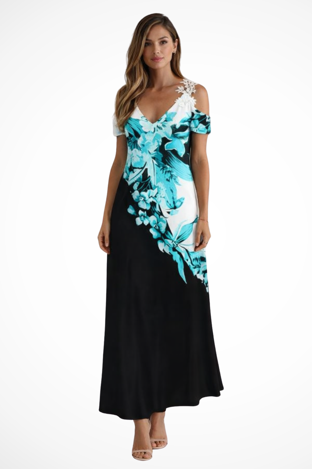 Women's floral cold-shoulder maxi dress with v-neck