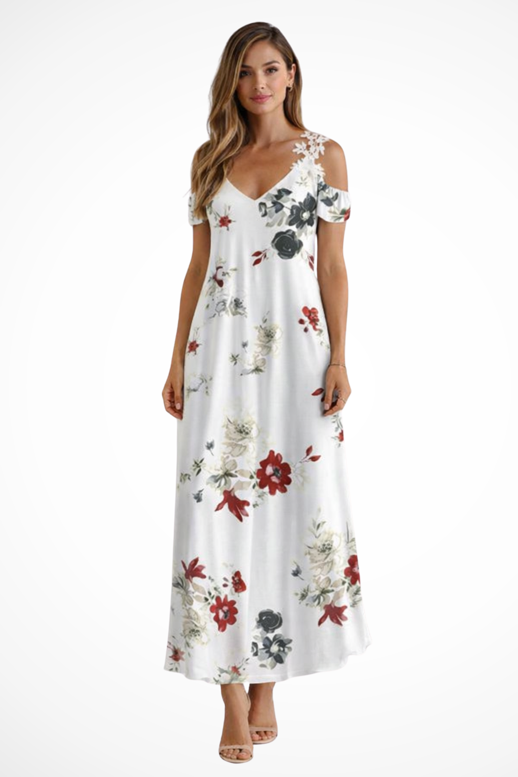 Women's floral cold-shoulder maxi dress with v-neck