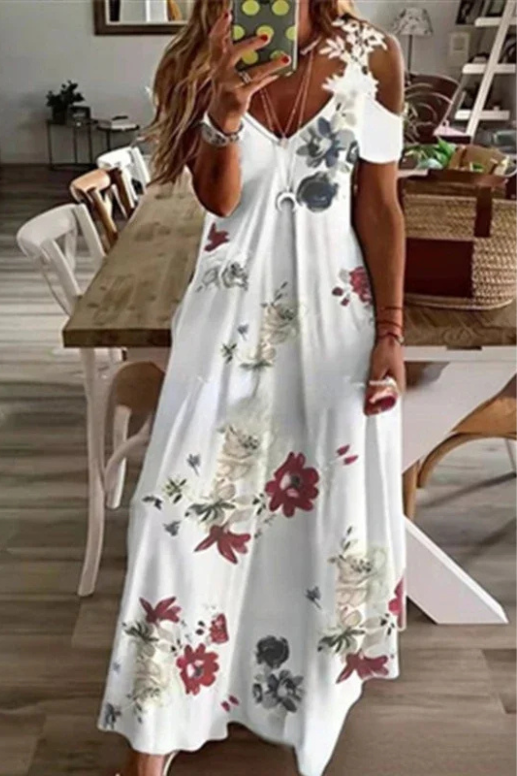 Women's floral cold-shoulder maxi dress with v-neck
