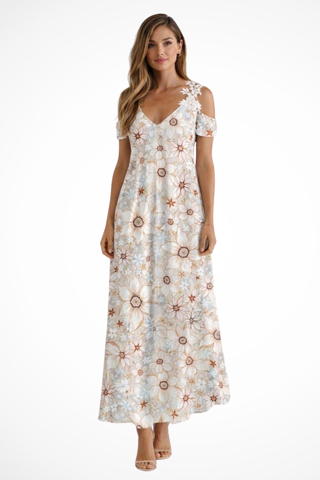 Women's floral cold-shoulder maxi dress with v-neck
