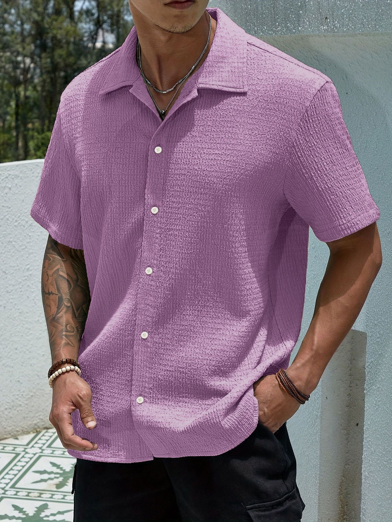 Men's beige semi-sheer short-sleeve summer shirt