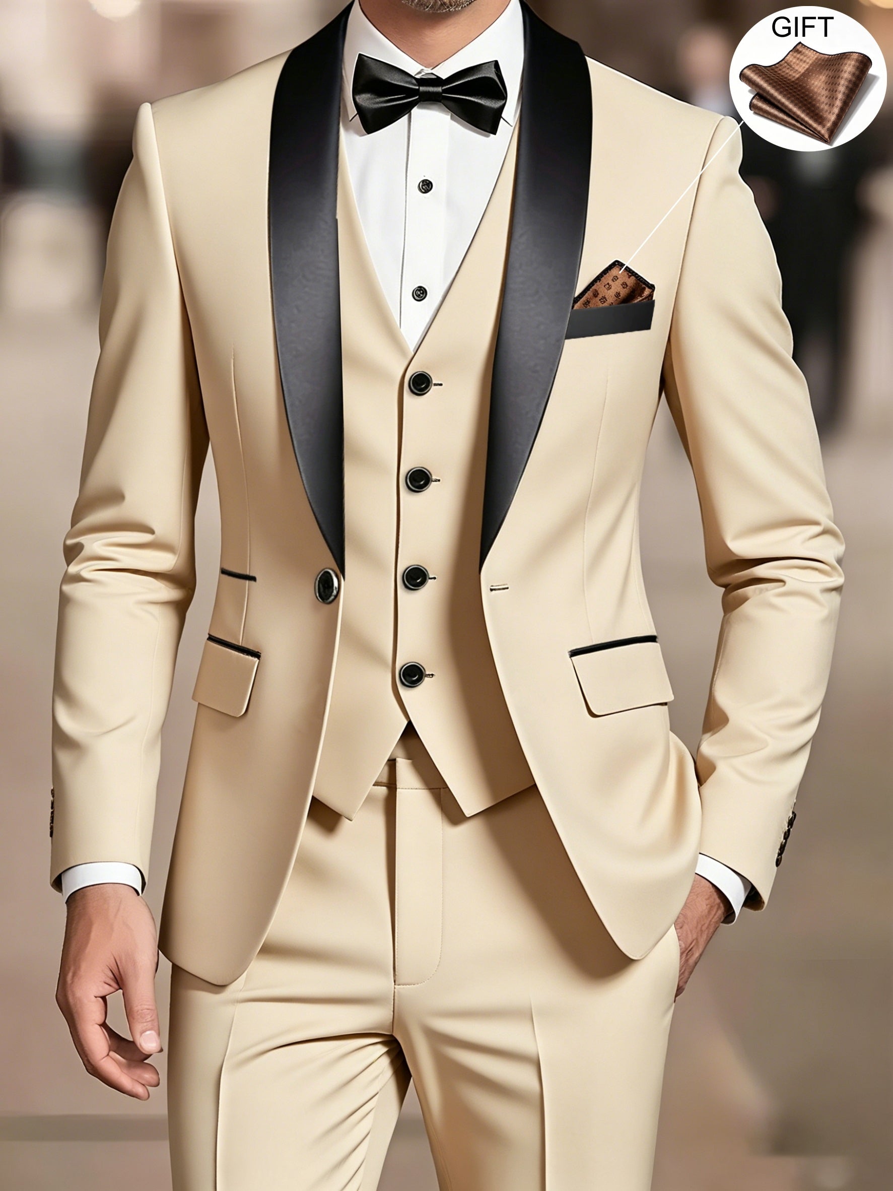 Men's beige three-piece shawl collar suit