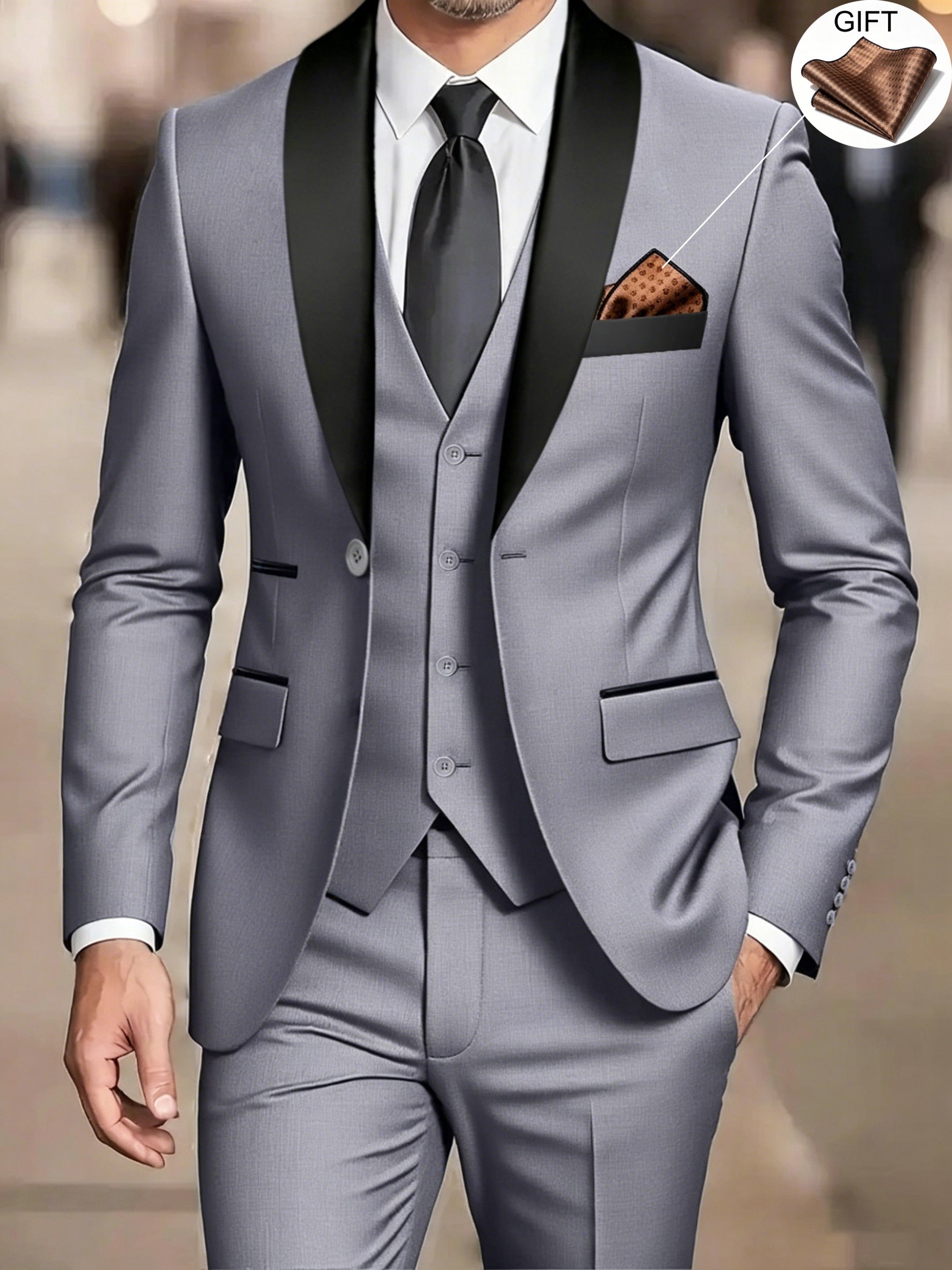 Men's beige three-piece shawl collar suit