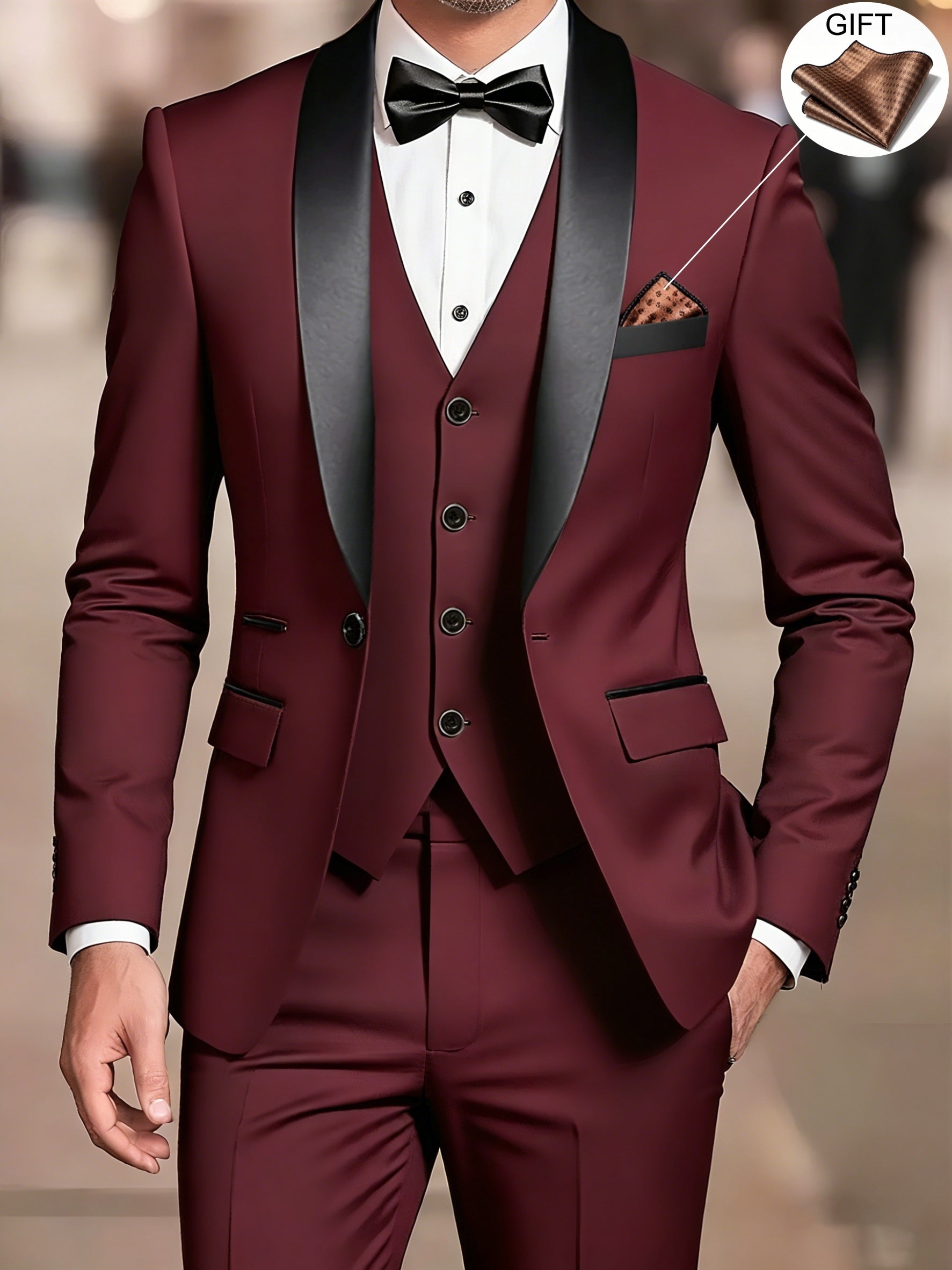 Men's beige three-piece shawl collar suit