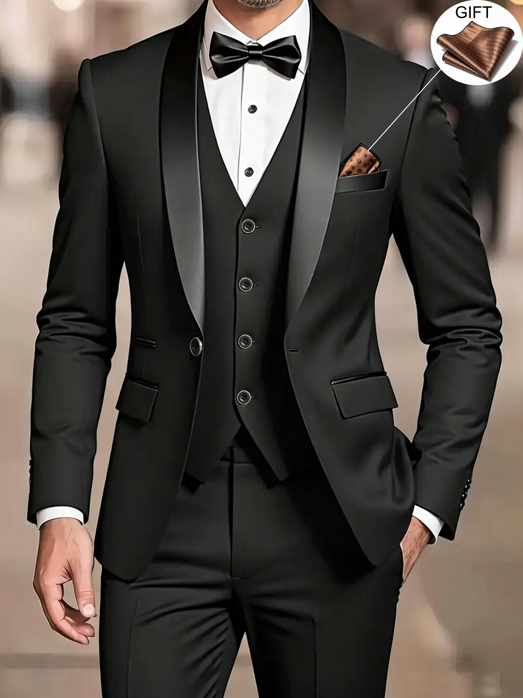 Men's beige three-piece shawl collar suit