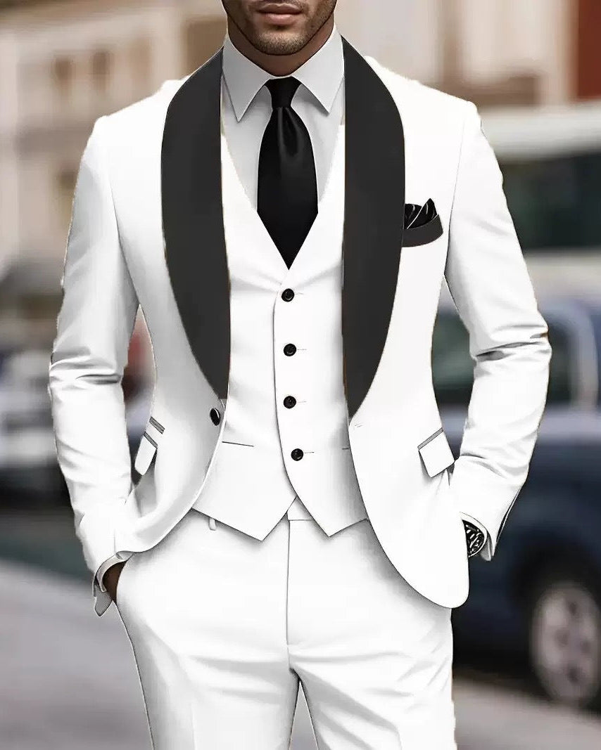 Men's beige three-piece shawl collar suit