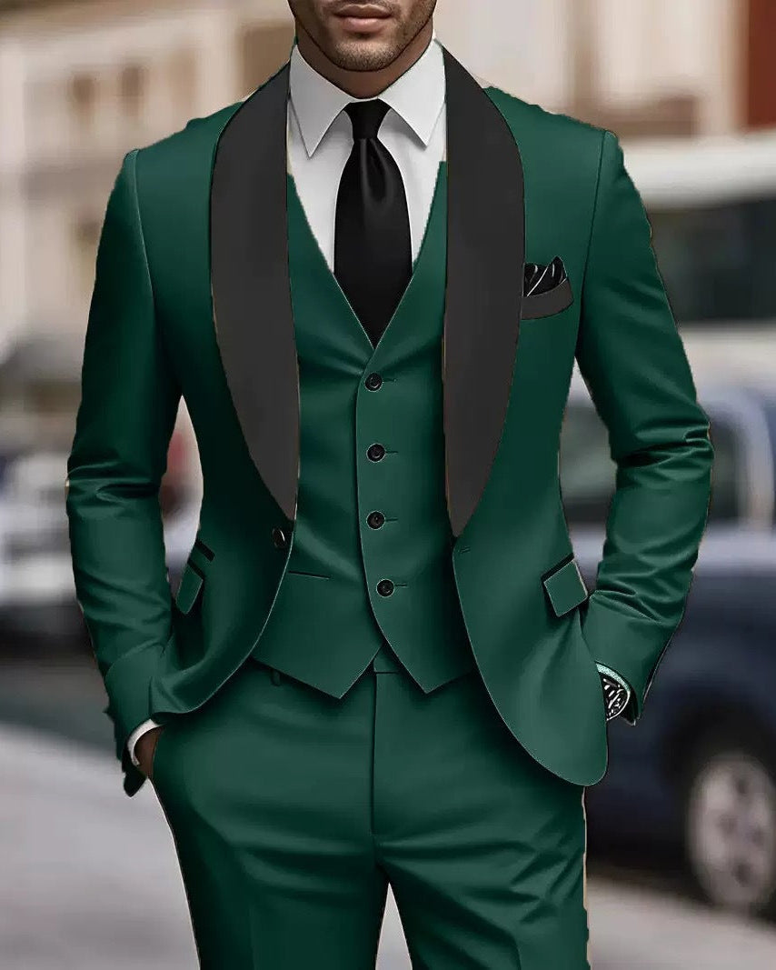Men's grey three-piece shawl collar suit