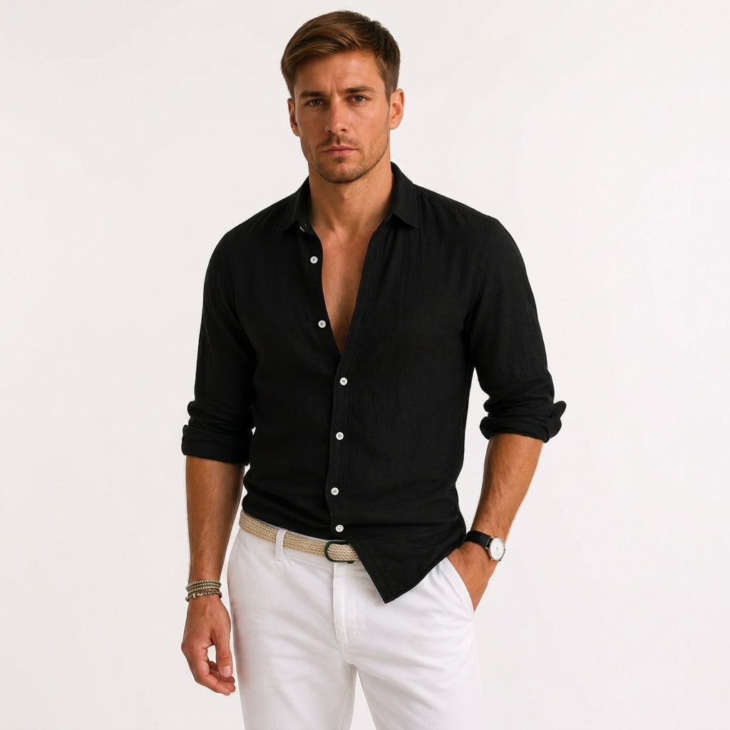 Men's beige slim fit long-sleeve cotton shirt