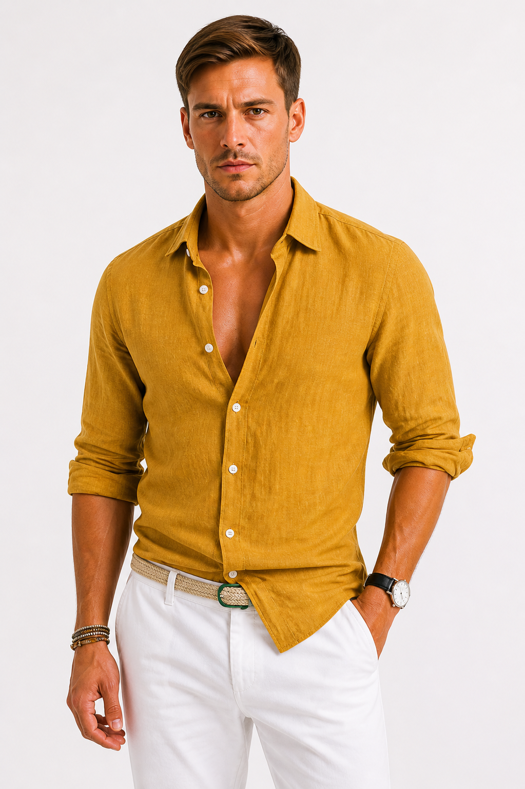 Men's beige slim fit long-sleeve cotton shirt