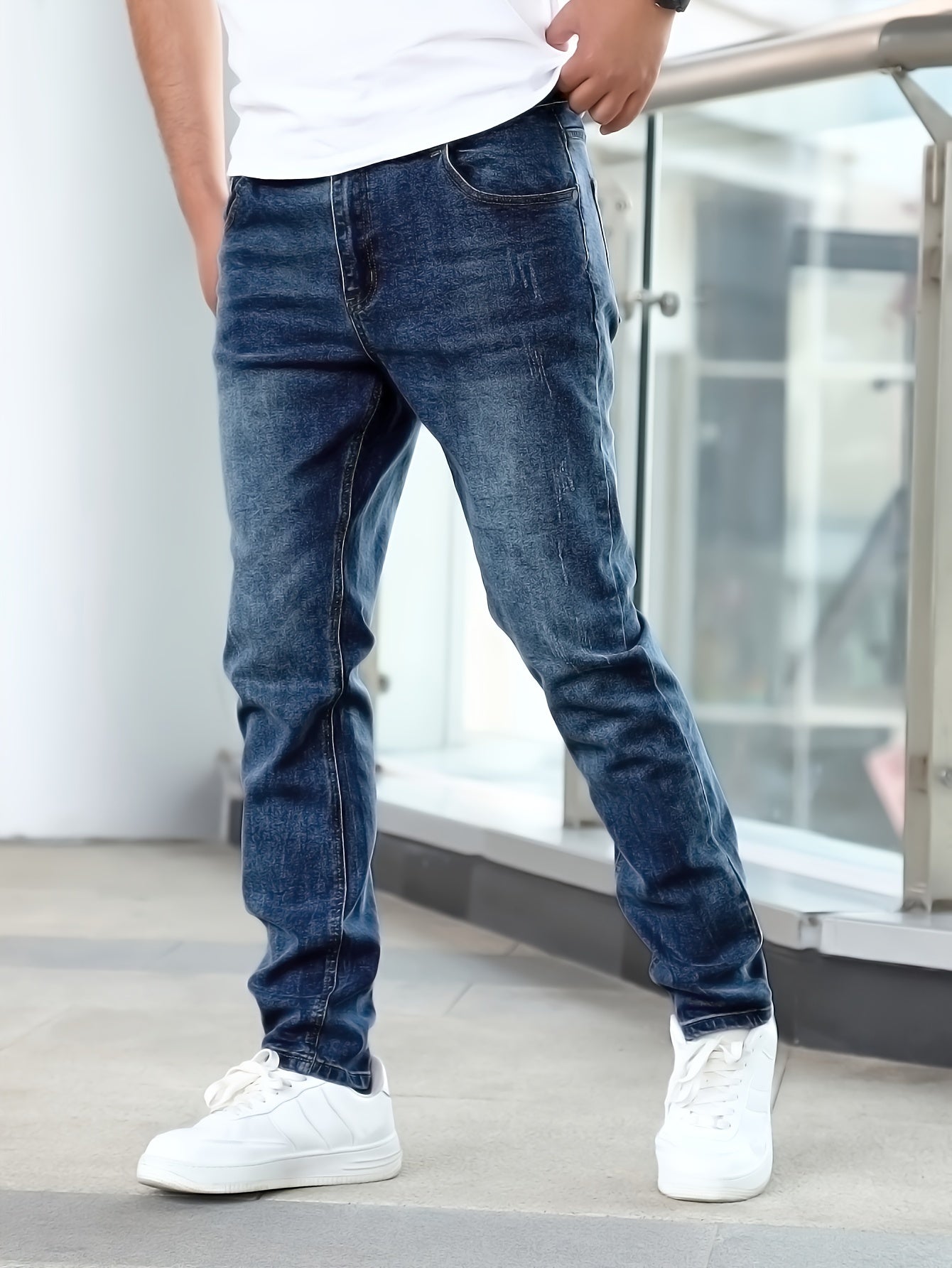Men's light blue slim fit stretch denim jeans