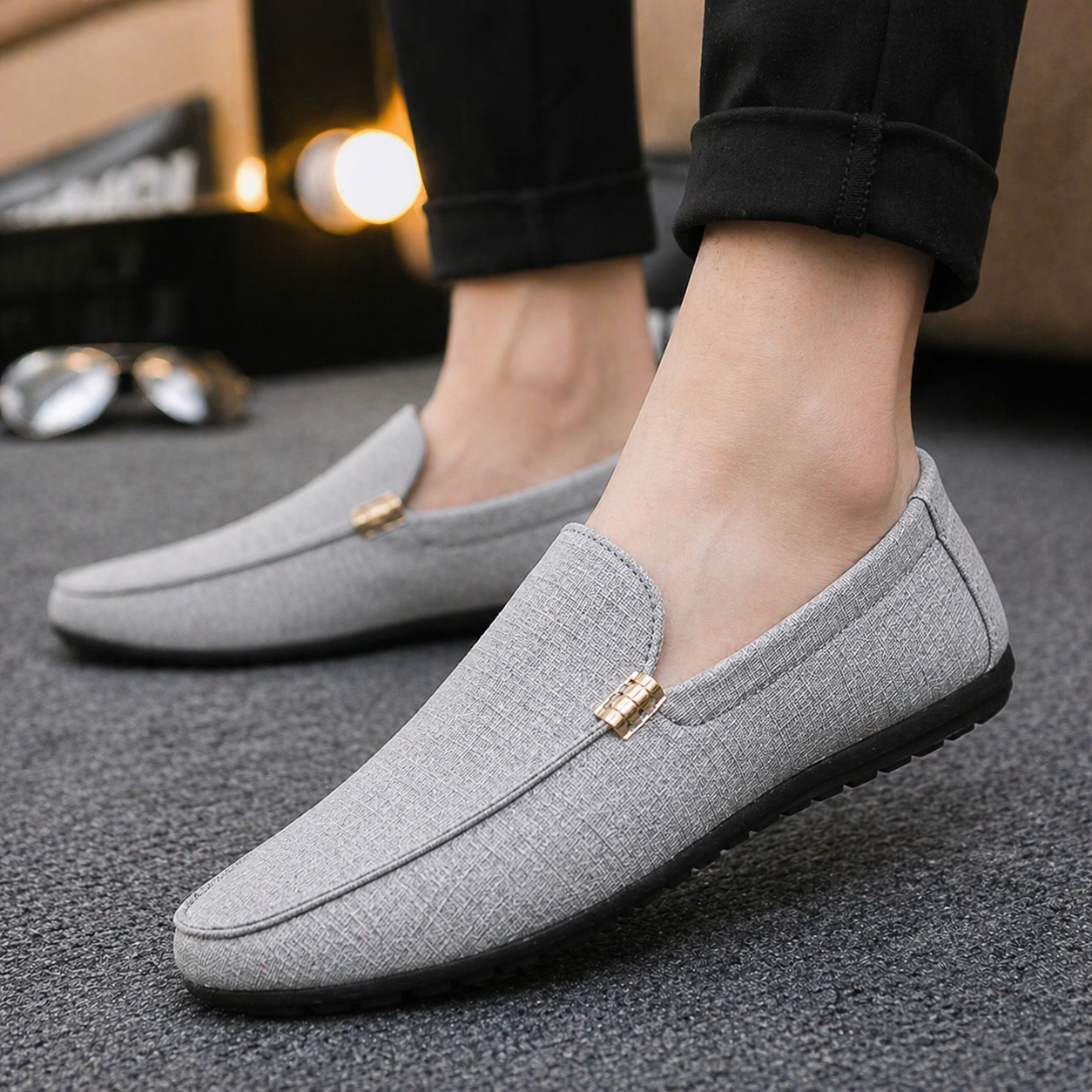 Men's black slip-on canvas loafer shoes