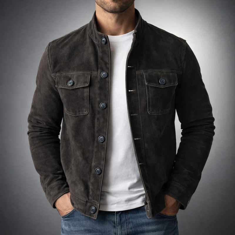 Military-inspired suede shirt jacket in black, featuring chest flap pockets and a structured fit.