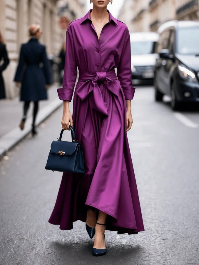 Women's purple maxi shirt dress with tie waist and long sleeves