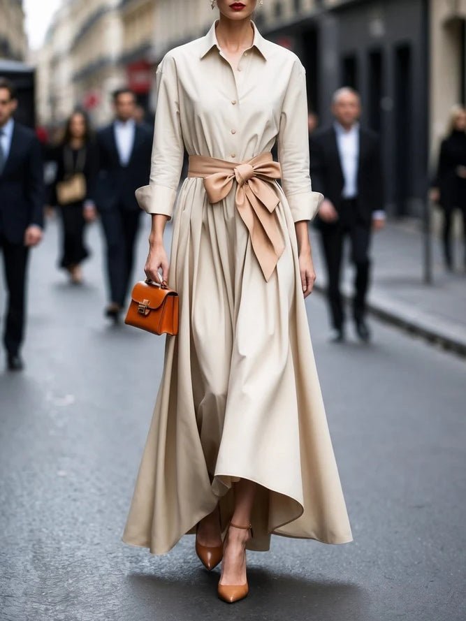 Women's purple maxi shirt dress with tie waist and long sleeves