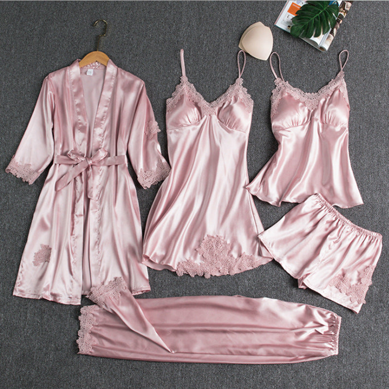 Women's blue satin pyjama set with lace detail