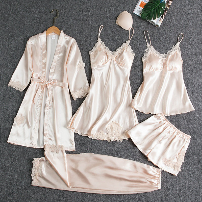 Women's red satin pyjama set with lace detail