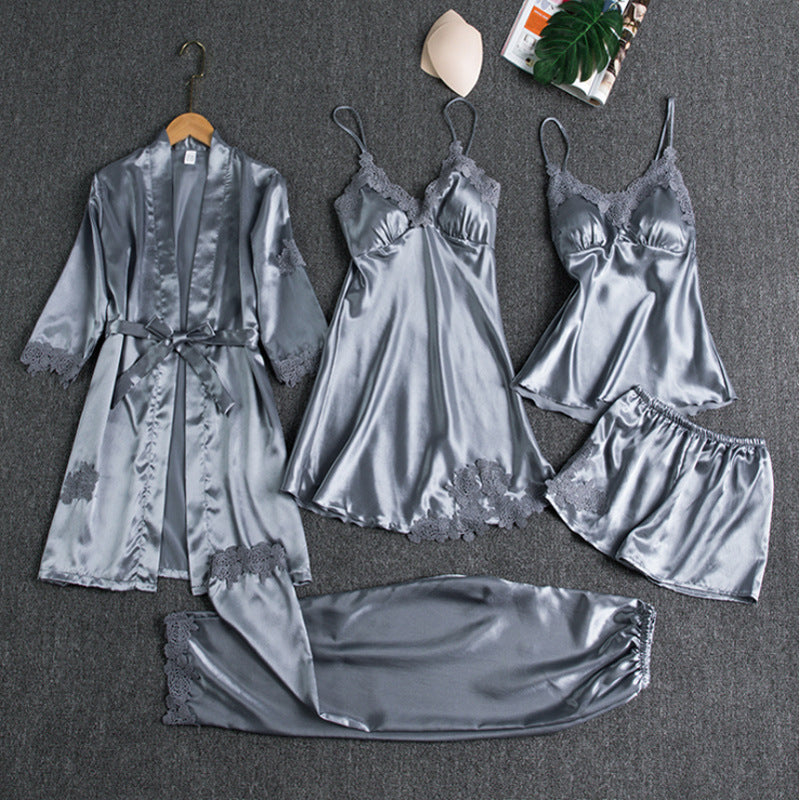 Women's red satin pyjama set with lace detail