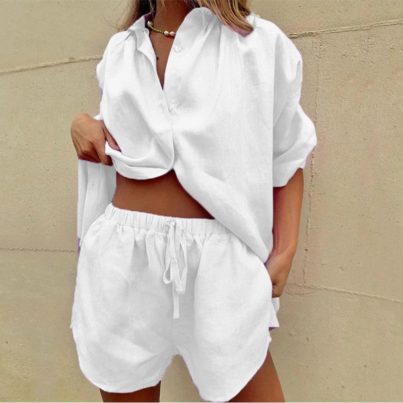 Women's green linen shirt and shorts co-ord set