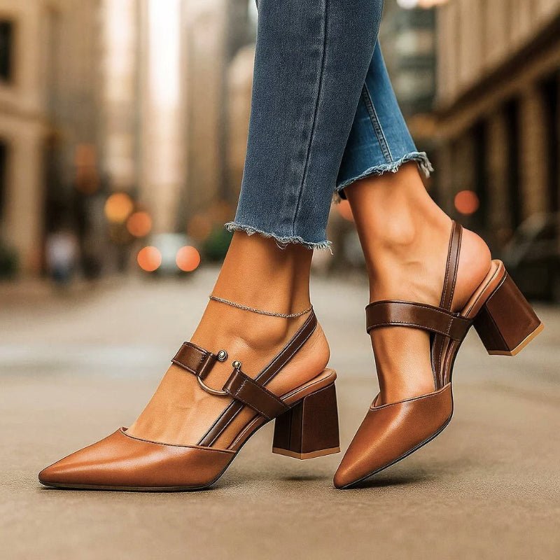 Women's brown pointed toe court shoes with T-bar strap and block heel