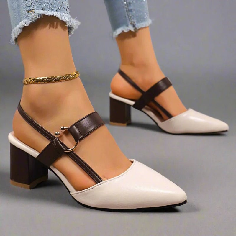 Women's brown pointed toe court shoes with T-bar strap and block heel