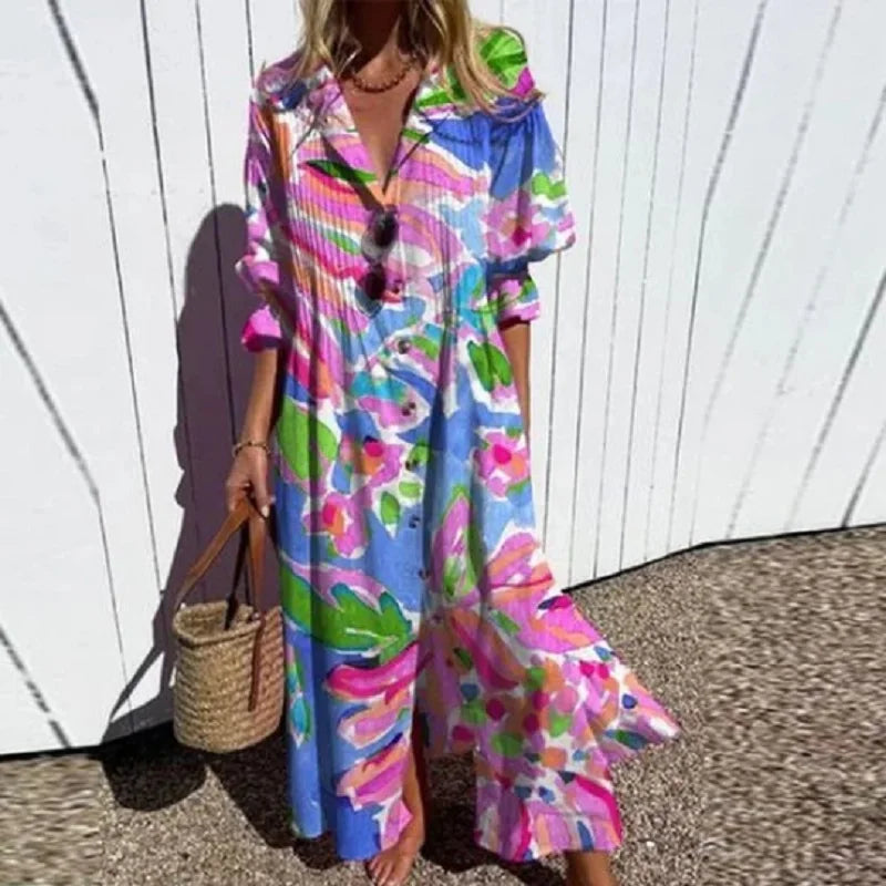 Women's multi boho floral maxi dress with long sleeves