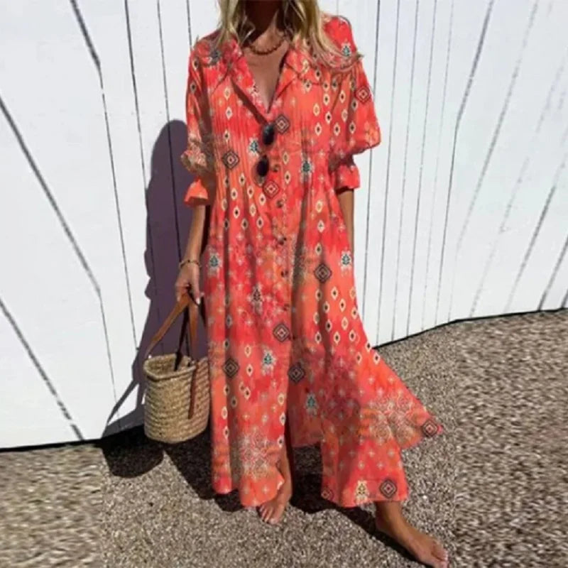 Women's multi boho floral maxi dress with long sleeves