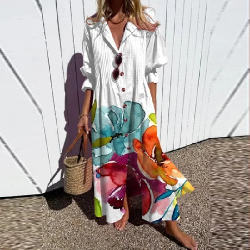 Women's yellow boho floral maxi dress with long sleeves