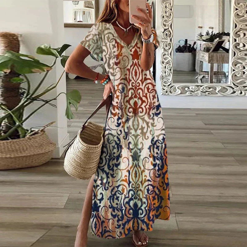 Women's brown boho maxi dress with a v-neck and printed design