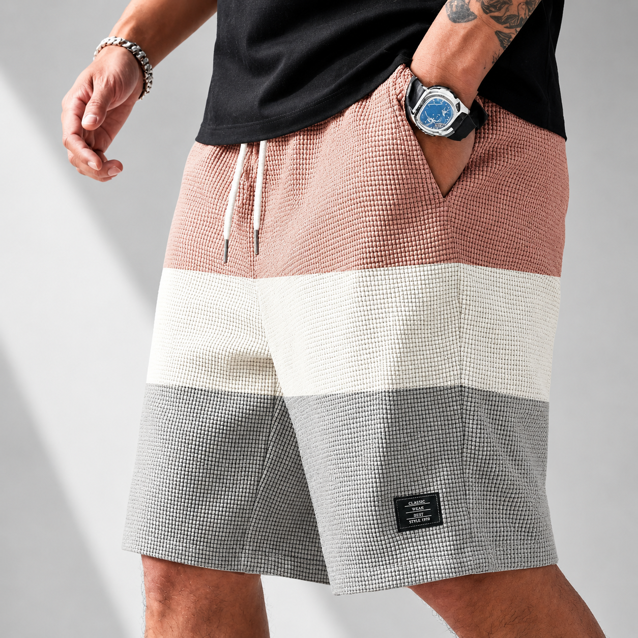 Men's white textured corduroy drawstring shorts