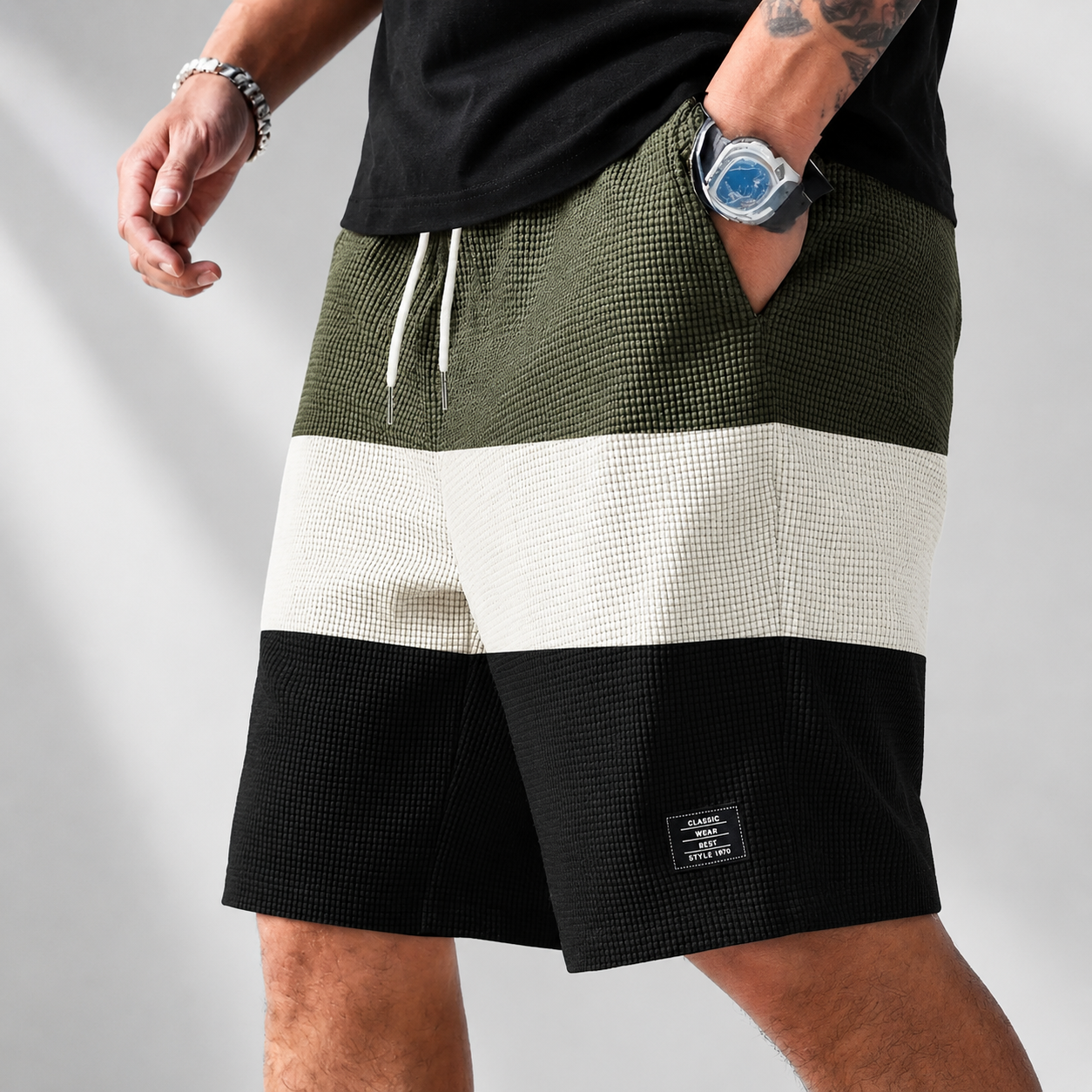 Men's white textured corduroy drawstring shorts