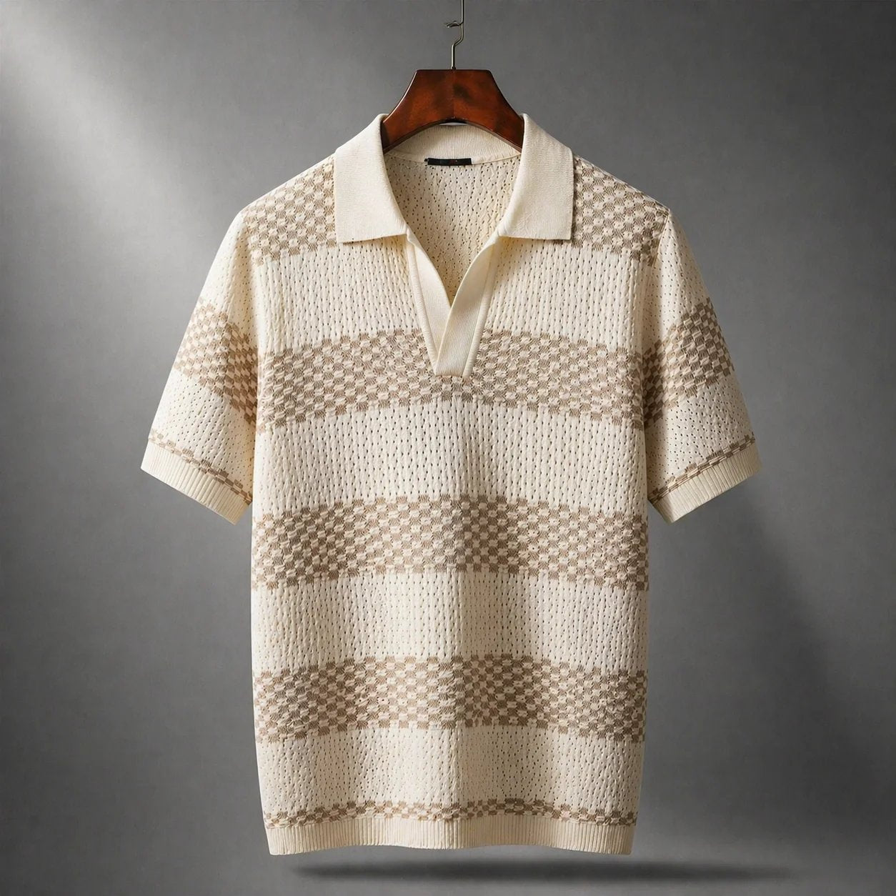 Men's brown textured stripe open collar shirt
