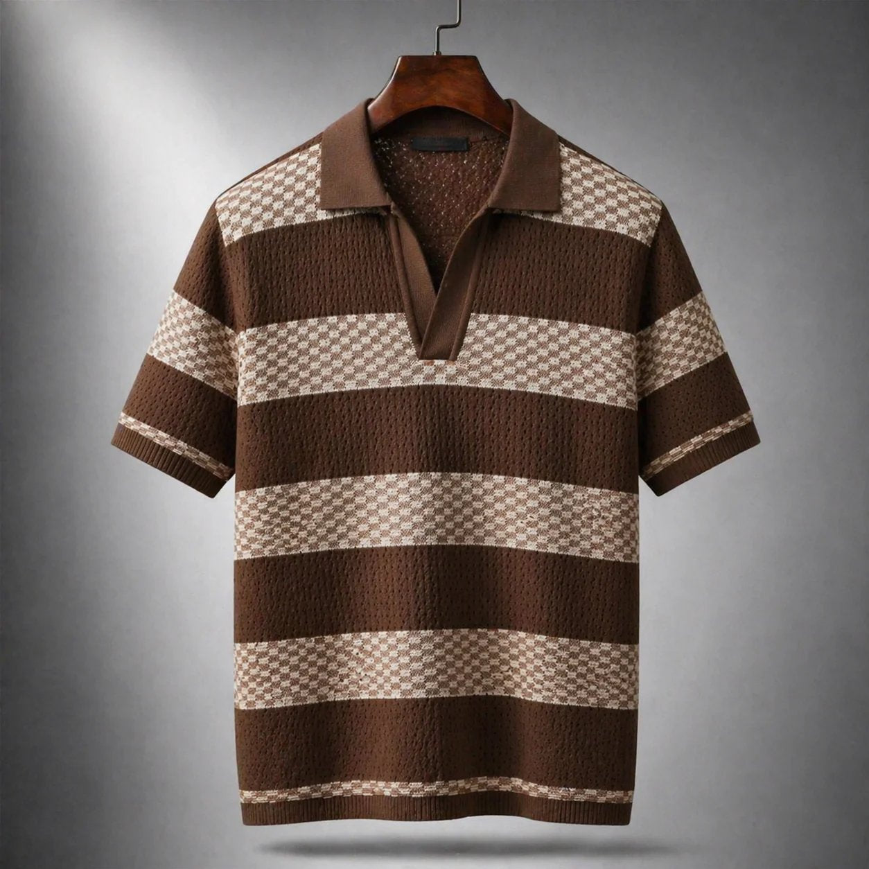 Men's brown textured stripe open collar shirt