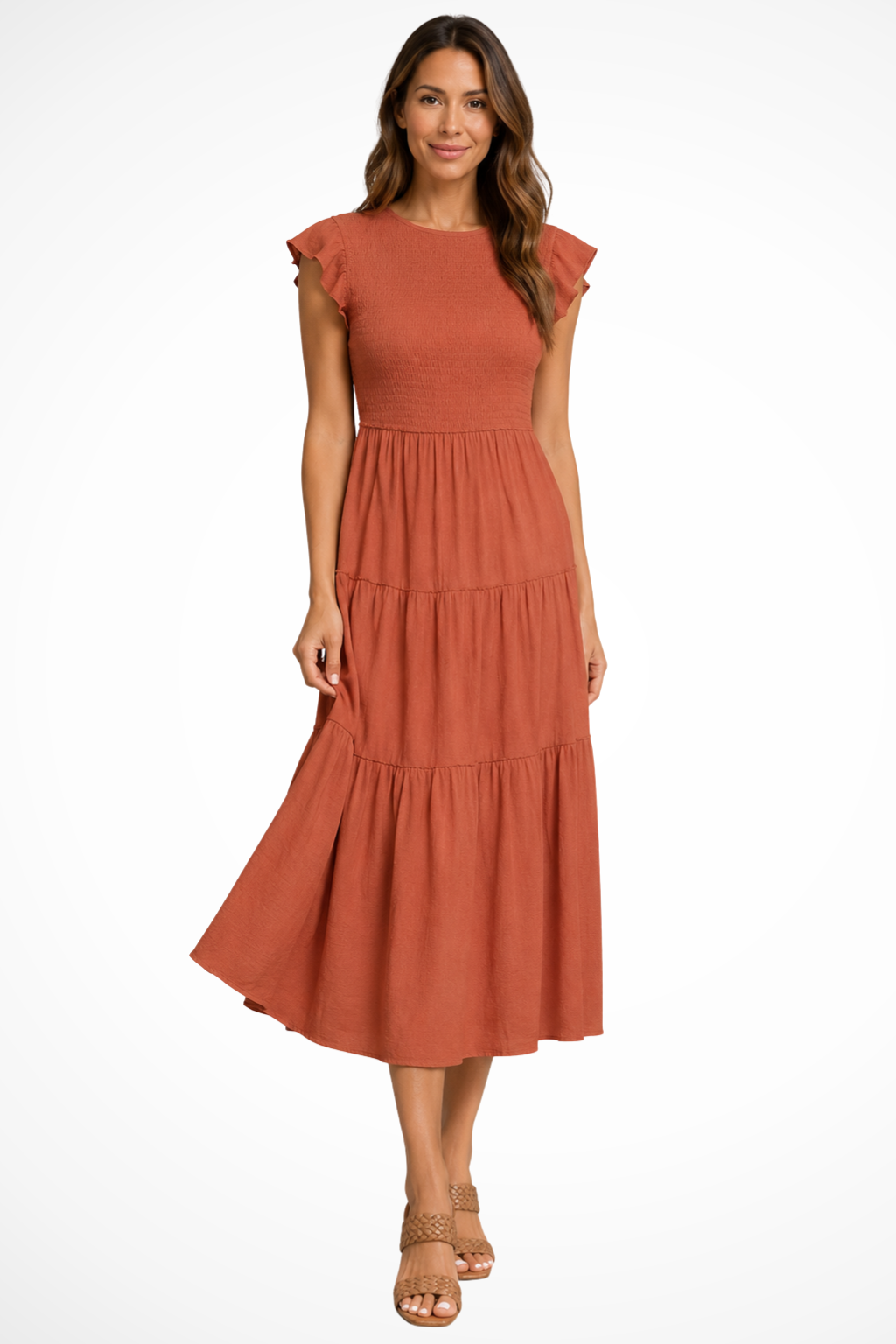 Women's orange flutter sleeve shirred tiered midi dress