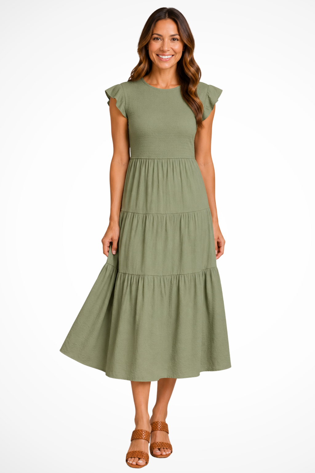Women's dark green flutter sleeve shirred tiered midi dress