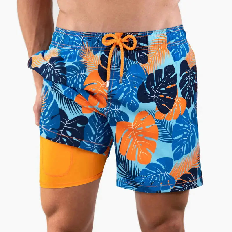 Men's jungle blue quick-dry swim shorts with inner liner