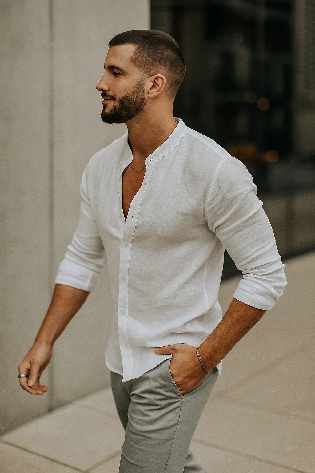Men's white linen grandad collar shirt with long sleeves