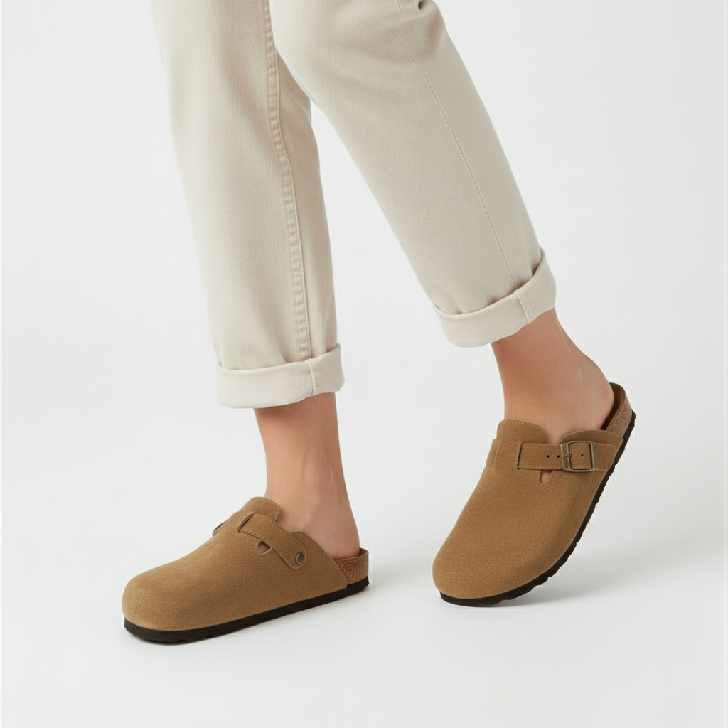 light brown suede buckle clogs with cork footbed