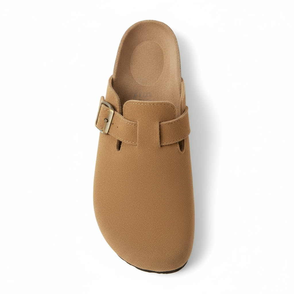 light brown suede buckle clogs with cork footbed