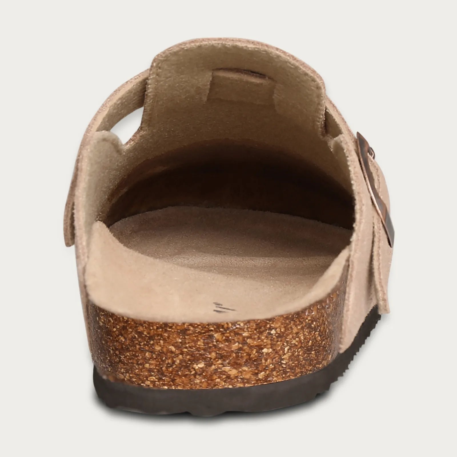 light brown suede buckle clogs with cork footbed