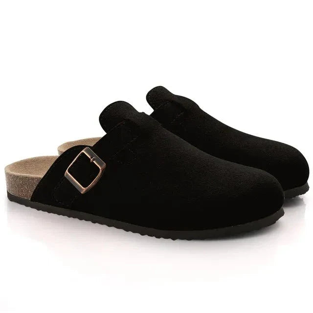 khaki suede buckle clogs with cork footbed