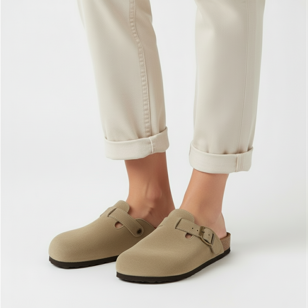 khaki suede buckle clogs with cork footbed