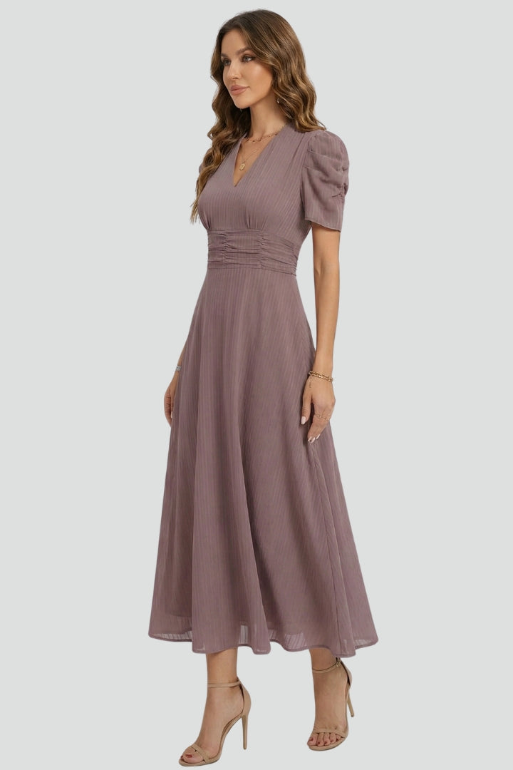 Women's brown V-neck midi dress with ruched waist