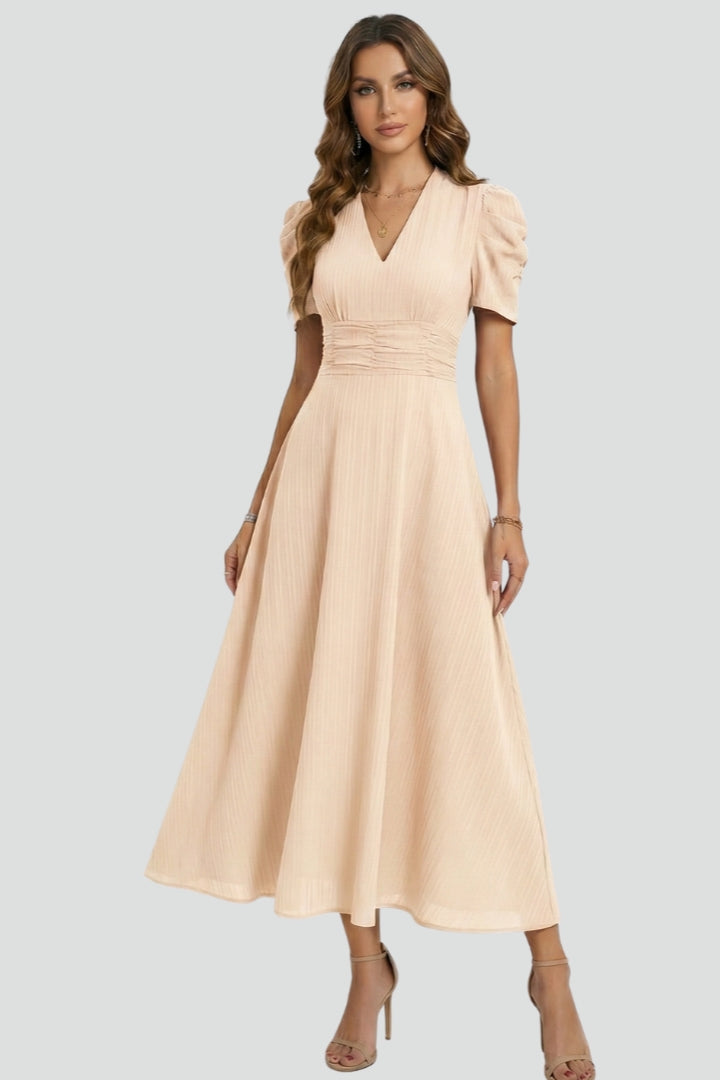 Women's red V-neck midi dress with ruched waist