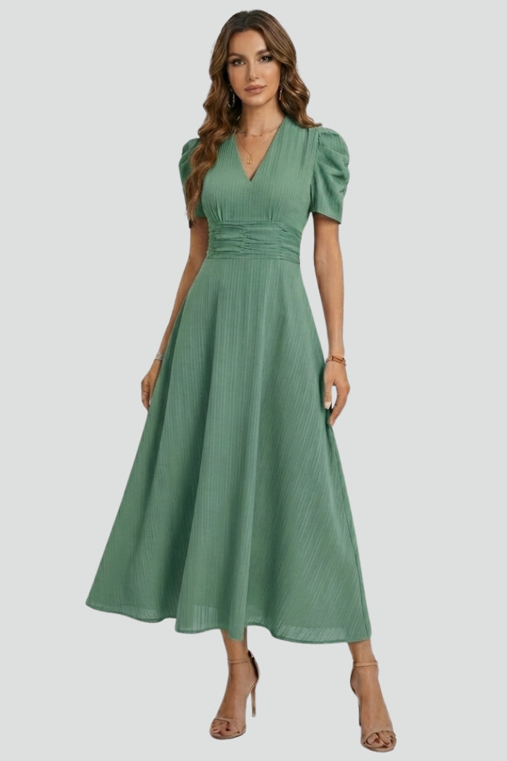 Women's red V-neck midi dress with ruched waist