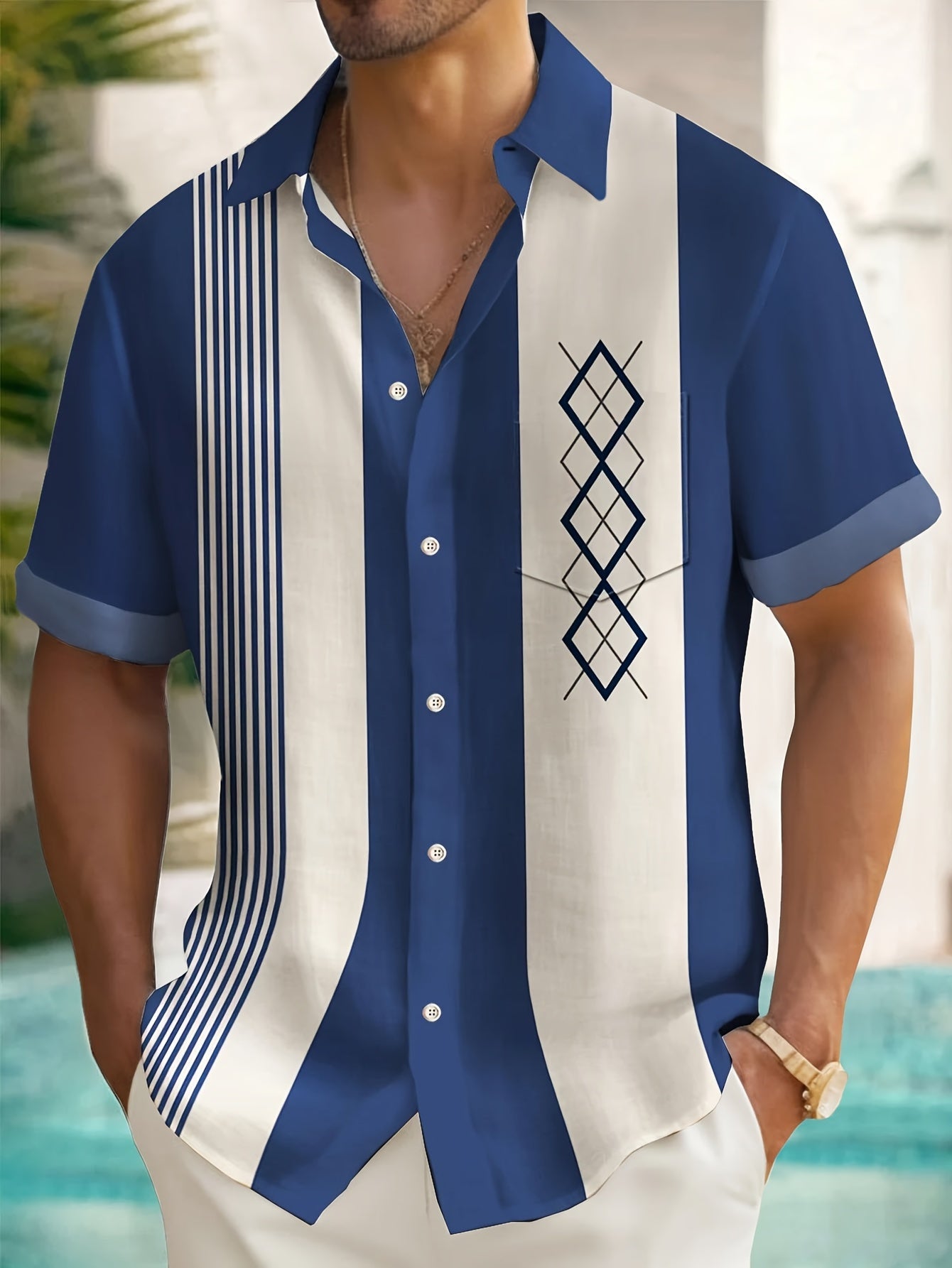 Men's blue vintage geometric print short-sleeve shirt