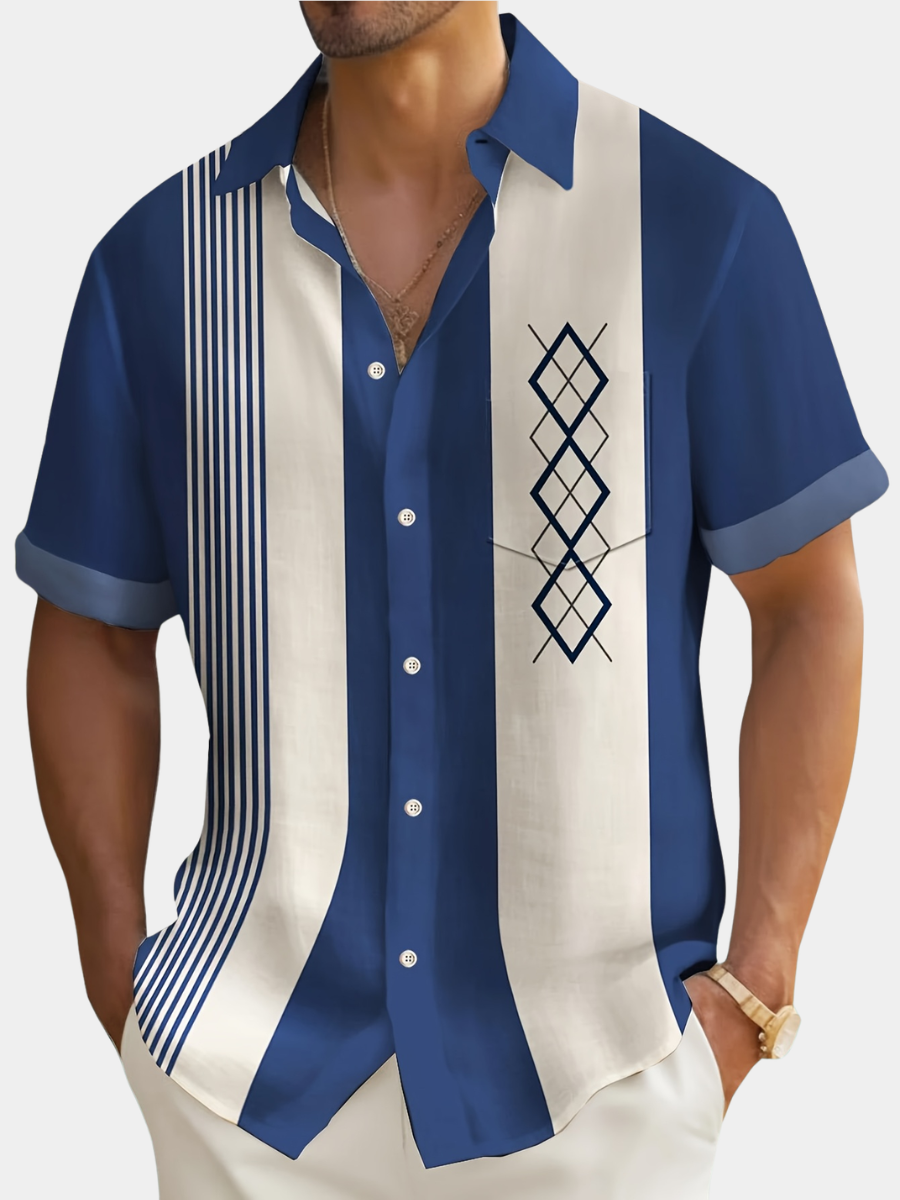 Men's blue vintage geometric print short-sleeve shirt